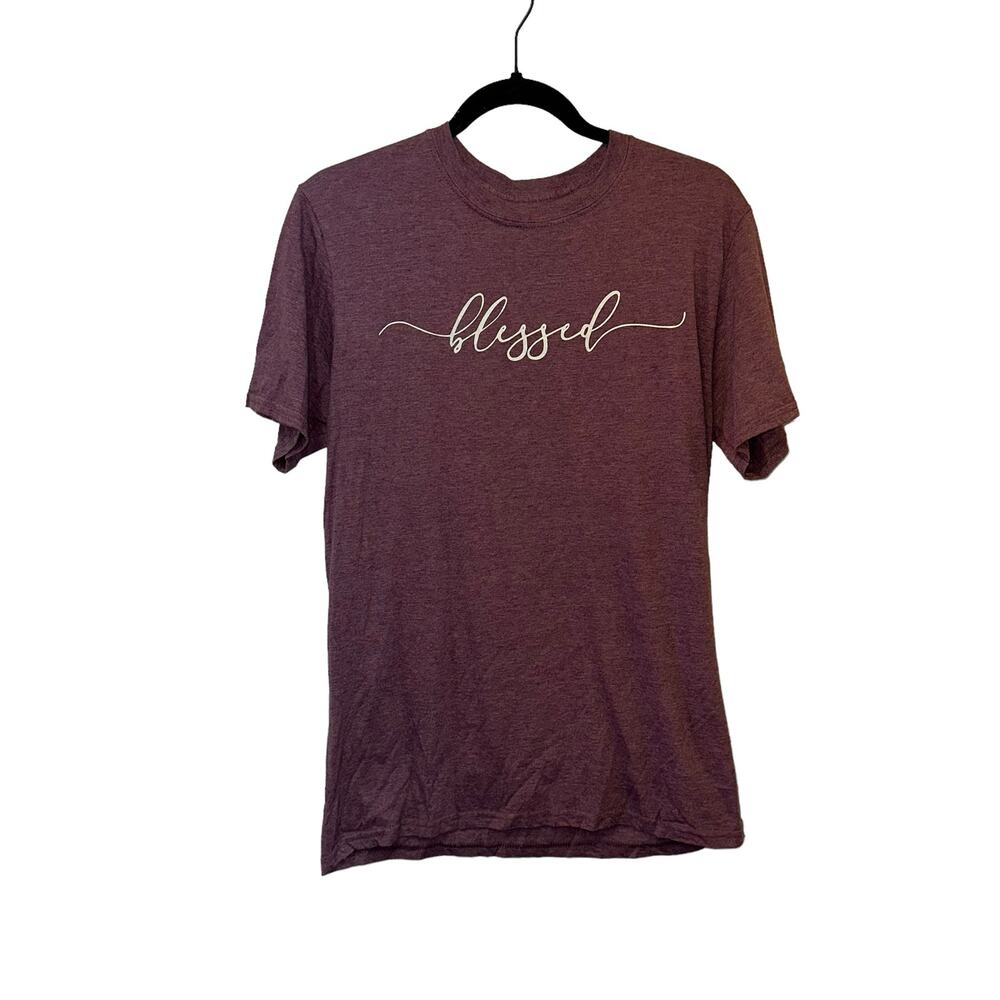 Blessed Graphic Tee Medium Burgundy Christian Faith Shirt Minimalist Script Top